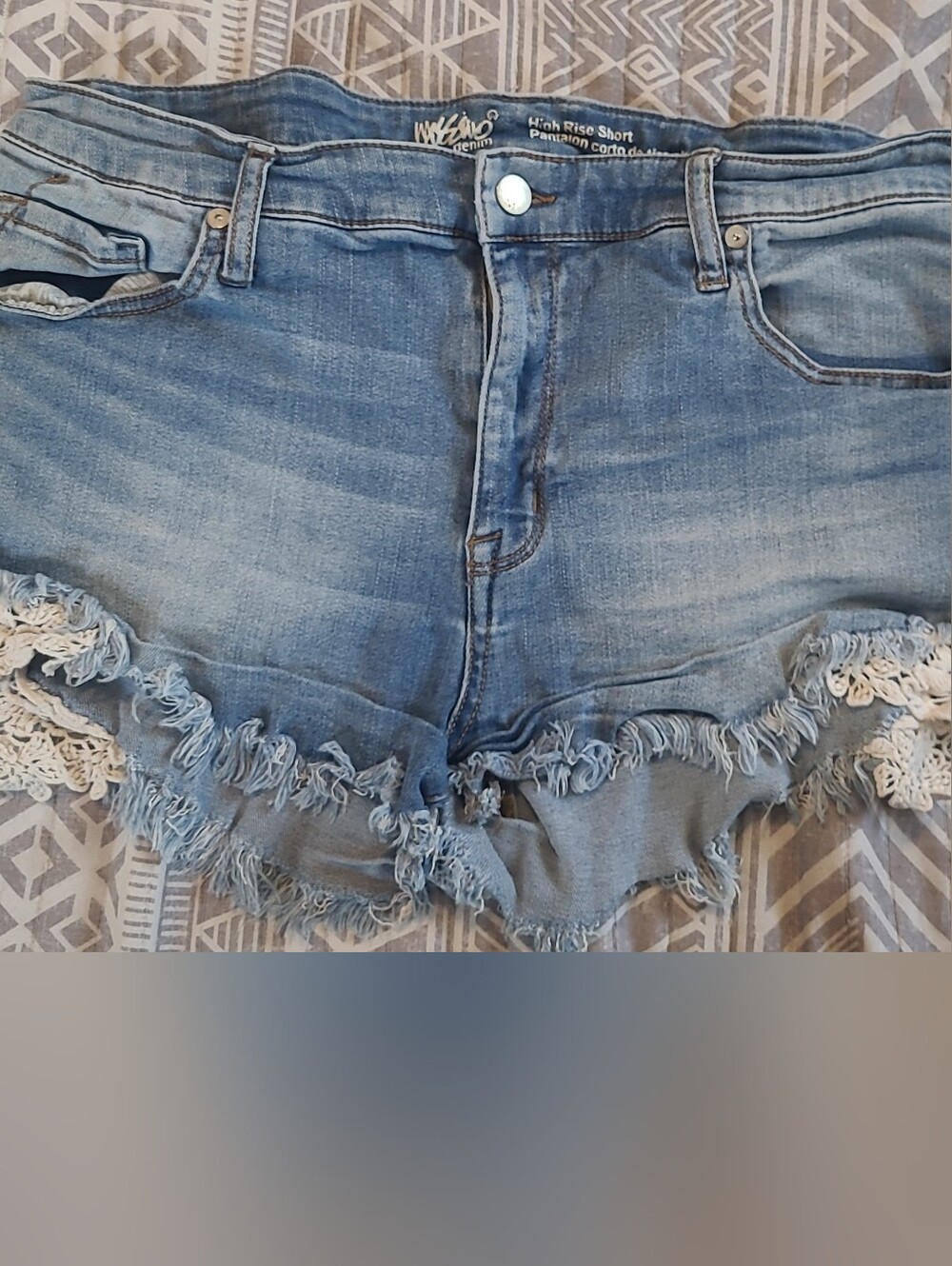 Women's High-Rise Light Blue Denim Shorts with Crochet Trim
